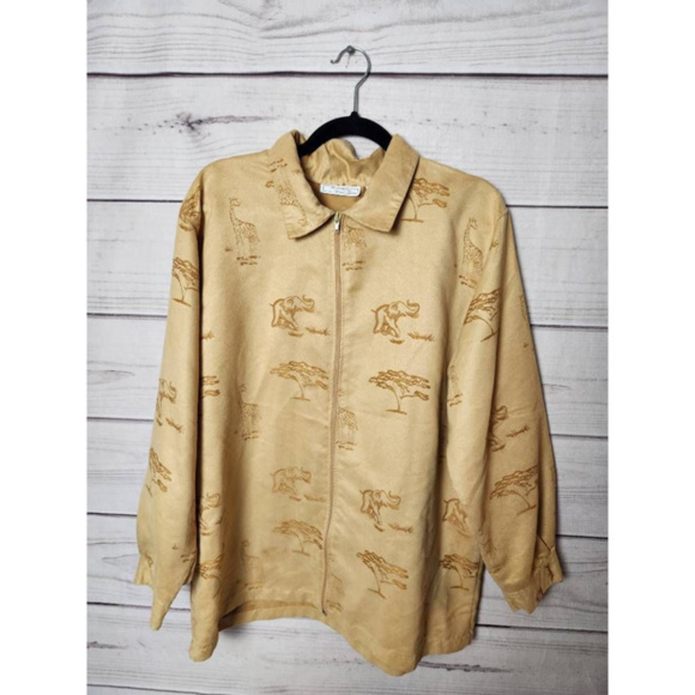 Keneth Too Womens Casual Top Beige Safari Print Long Sleeve Full Zip‎ Plus 1X